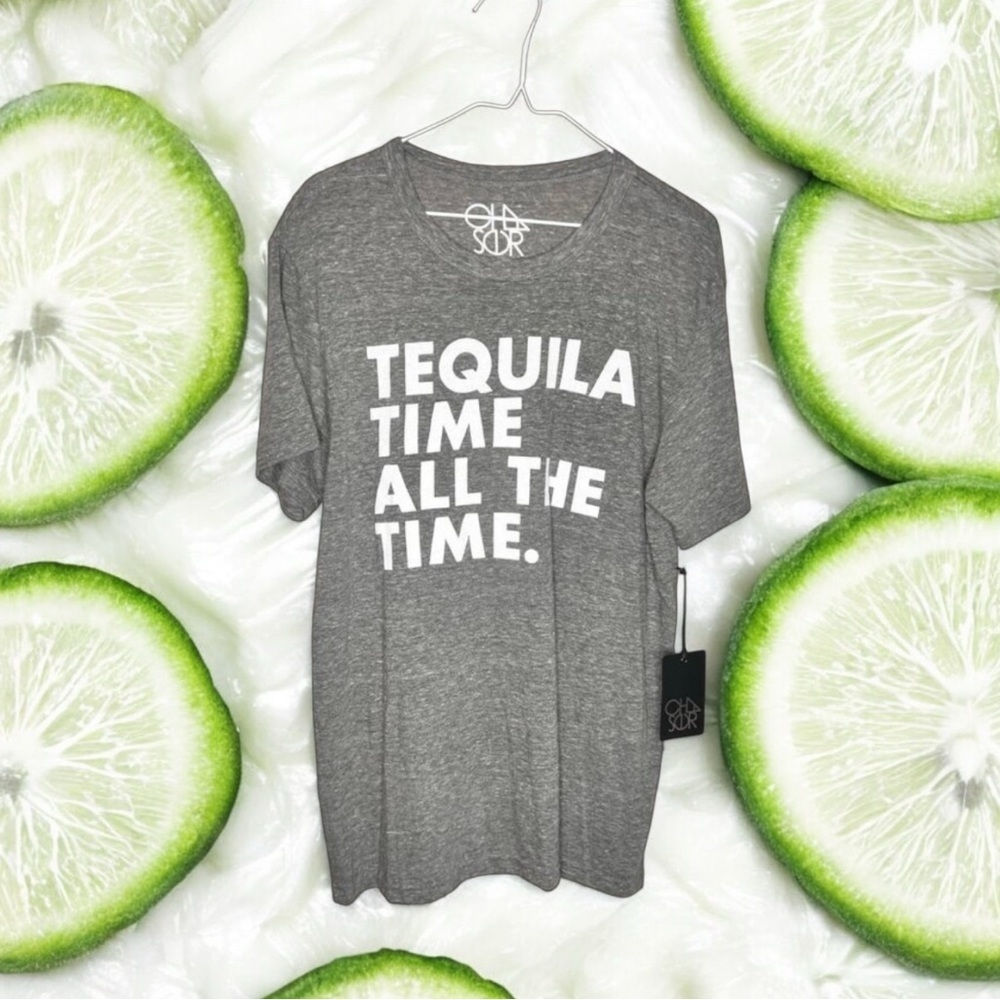 NWOT Chaser Mens Tequila Time Graphic T-Shirt Short Sleeve Crew Neck Gray Size L